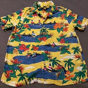 Ralph Lauren Yellow Hawaiian Shirt with Floral and Sailboat Design